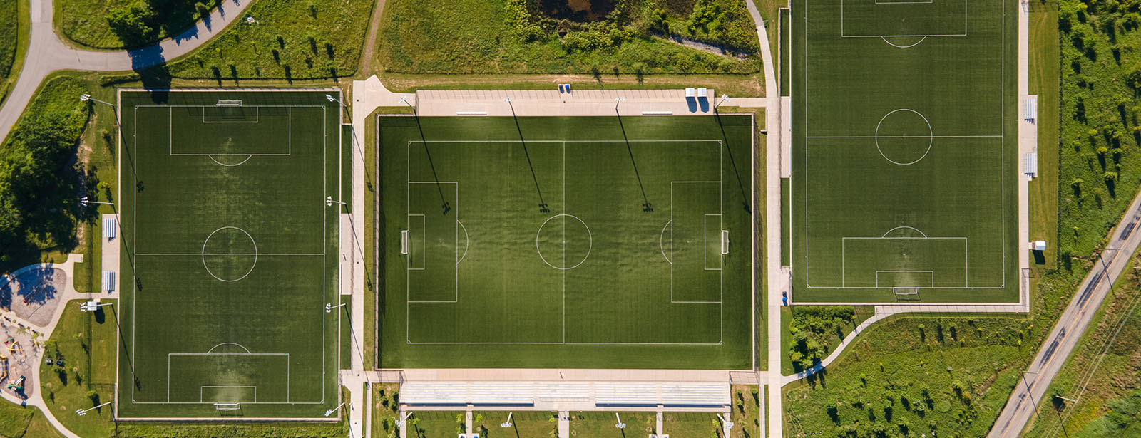 Aerial view of soccer fields with sports lighting